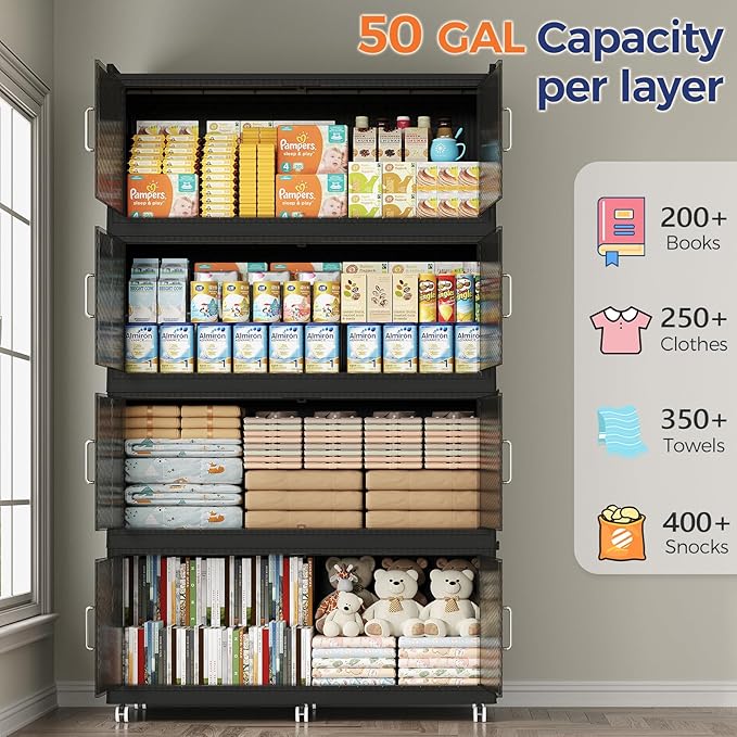 200GAL Extra Large Storage Bins with Lid, 800QT Collapsible Organizer with Wheels, Stackable Closet Cabinet with Doors, Folding Storage Containers for Home, Office, Kitchen, 4Pack Black