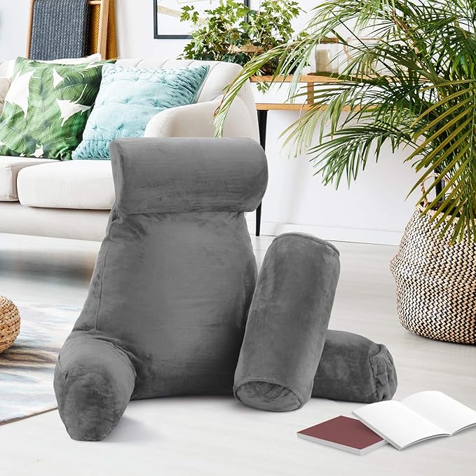 Nestl Reading Pillow with Shredded Memory Foam Includes 2 Neck and Lumber Support Pillows, Designed for Sitting Up in Bed and Couch, Back and Arms Adjustable Support for Adult & Teens, Dark Grey