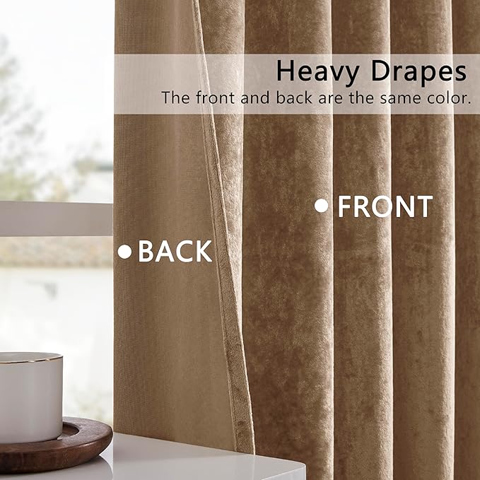 SMILETIME Amber Beige Crushed Velvet Curtains 52x96inch Rod Pocket Luxurious Thermal Insulated Soundproof Drapes Soft and Durable Light-Filtering Window Treatments for Living Room Bedroom, 2 Panels