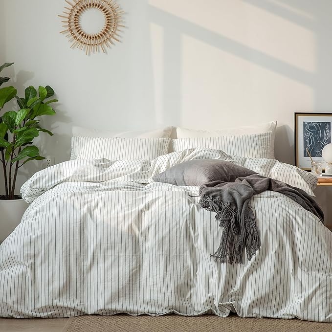 MooMee Striped Duvet Cover Set 100% Washed Cotton Linen Like Textured Breathable Durable Soft Comfy (White Dark Grey Wide Stripes, Super King 108"x98")
