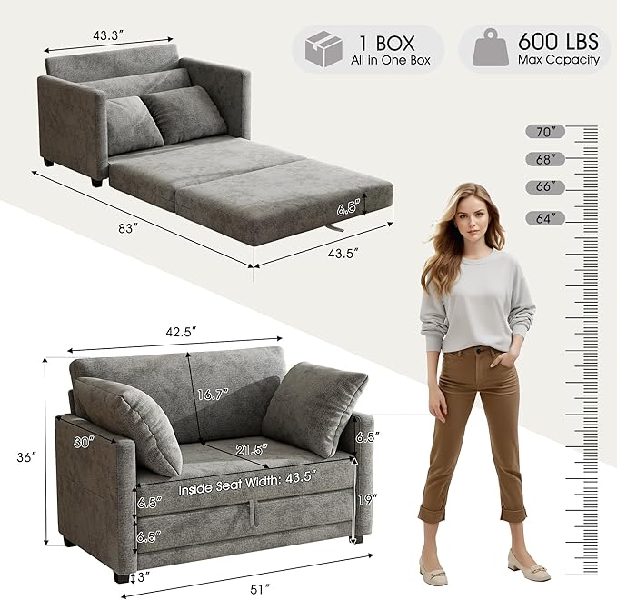 51" Loveseat Sleeper Sofa Bed, Chenille Convertible Floor Sofa Bed for Small Spaces, Folding Couch Bed with Deep Seat, 2 Pillows & Solid Frame, Pull Out Floor Couch for Living Room, Grey