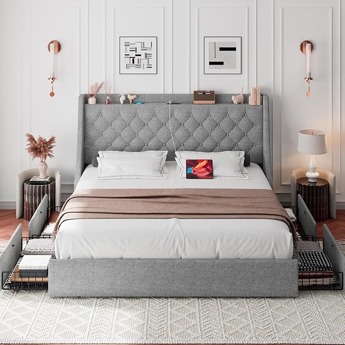 iPormis Full Size Bed Frame with 4 Storage Drawers, Upholstered Platform Bed Frame with Type-C & USB Ports, Wingback Storage Headboard, Solid Wood Slats, No Box Spring Needed, Light Gray