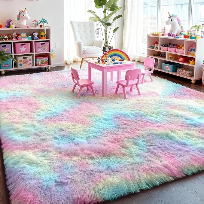 PAGISOFE Fluffy Colorful Rainbow Rugs for Bedroom Girls 5x7, Soft Unicorn Shag Cute Girls Room Rugs for Kids Playroom Living Room Nursery Home Decor, Furry Kawaii Princess Rug,Pastel Shaggy Rug Carpet