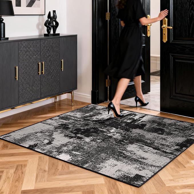 2x3 Washable Area Rug for Entryway：Soft Traditional Printed Area Rug Non-Slip Kitchen Rugs Low-Pile Medallion Indoor Door Mat Small Farmhouse Carpet for Entrance Foyer Bedside Black White 2x3