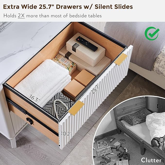 T4TREAM Modern Fluted Wood Night Stand, 30" Tall Bedside Table with 2 Drawers & Large Tabletop, Side Tables Bedroom, End Table for Living Room, White