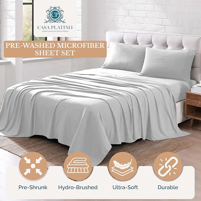Casa Platino Full Bed Set, Pre-Washed Ultra Soft & Breathable Full Bed Sheets Set, Brushed Microfiber Sheets Full Size, Fade Resistant Full Size Sheets Set with Deep Pockets - Silver