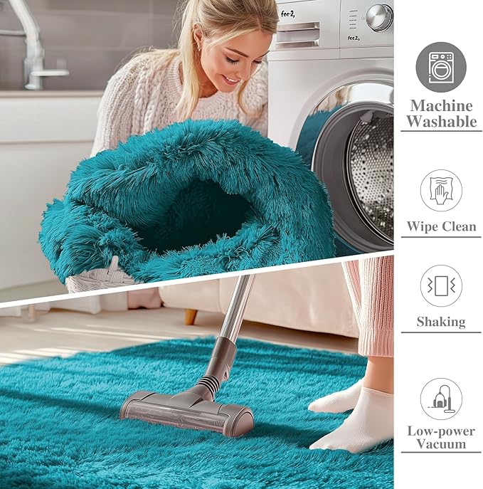 OLANLY 2x8 Machine Washable Runner Rugs for Hallway, Soft Fluffy Shaggy Bedside Rugs for Bedroom, Living Room, Indoor Floor Carpet for Kids Girls and Boys, Nursery Rooms, Home Decor Aesthetic, Teal