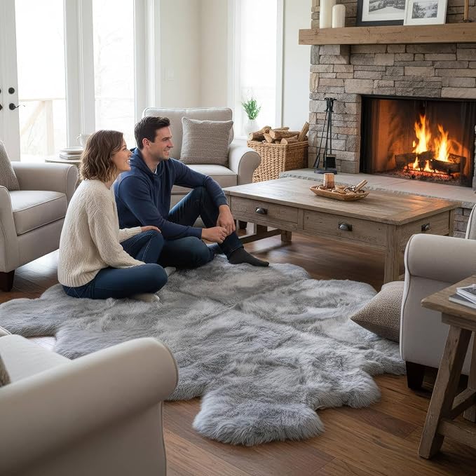 Premium Genuine Sheepskin Rugs for Living Room - Large Size Sheep Skin for Bedroom - 6' x 8' Long Fur Soft & Natural Fluffy Area Rug, Silver Gray, Eight Pelt