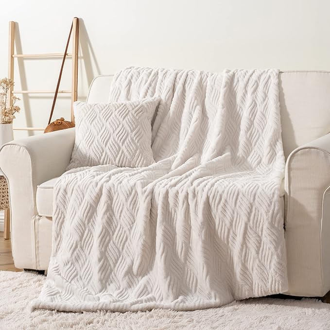 BATTILO HOME White Faux Rabbit Fur Blanket for Bed, Large Cream Faux Fur Throw Blanket 60"x80" with 1 Fur Pillow Cover 18"x18", Comfy Soft Cozy Mink Blanket for Couch