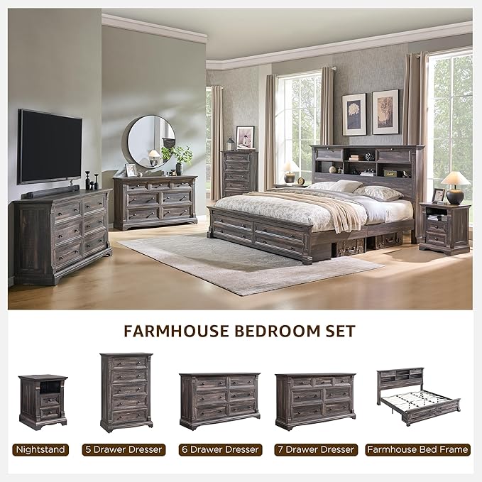 T4TREAM Farmhouse Queen Size Bed Frame with 54" Tall Storage Bookcase Headboard, Wood Platform Bed Frame with 18" Tall Roman Column Decoration Footboard & 2 Drawers(Dark Rustic Oak)