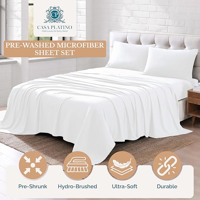 Casa Platino Queen Size Sheet Set, Brushed Microfiber Bedding with 15” Deep Pockets, Pre-Washed for Soft Touch, Cozy and Airy Feel, Lightweight Queen Bed Sheet Set for Year-Round Use – White