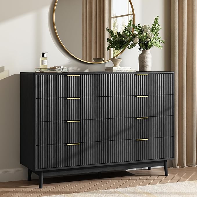 CARPETNAL Fluted 8 Drawer Dresser for Bedroom, 55" Wide Wooden Chest of Drawers with Rounded Corners, Gold Handles, Modern Storage Organizer for Bedroom, Hallway(Black)