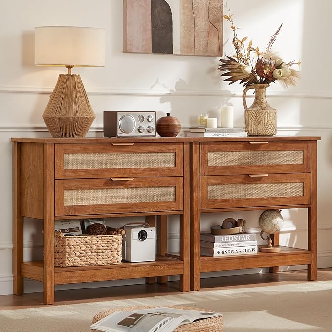 LEYAOYAO 31.5" Wide Rattan Night Stand, Large Boho Nightstand, Bedside Table with Storage, Tall Bed Side End Tables, Chest of Drawers for Bedroom, Living Room, Hallway（Brown,2 Drawers,2）
