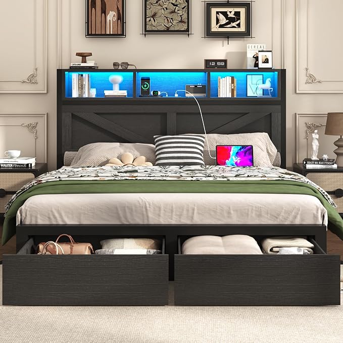 Farmhouse Queen Bed Frame with Bookcase Storage Headboard, Charging Station, LED Light and 2 Storage Drawers, Noise Free, No Box Spring Needed, Black