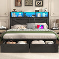 Farmhouse Queen Bed Frame with Bookcase Storage Headboard, Charging Station, LED Light and 2 Storage Drawers, Noise Free, No Box Spring Needed, Black