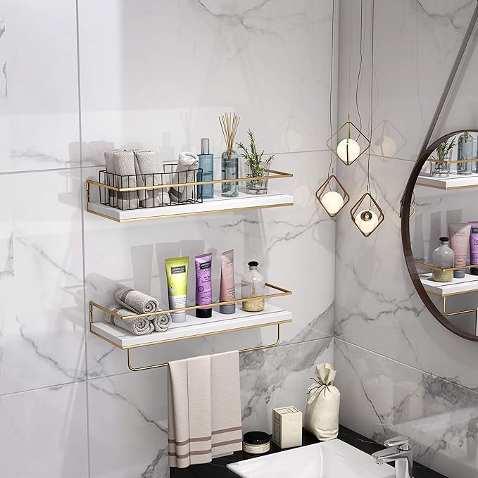 Shario White Floating Shelves - Set of 2, Wall Mounted Hanging Shelves with Golden Towel Rack, Decorative Storage Shelves for Bathroom, Kitchen, Living Room & Bedroom (White Gold, 15.7 Inches) | Hanging Shelves, for Bathroom, Kitchen, Living Room, Bedroom