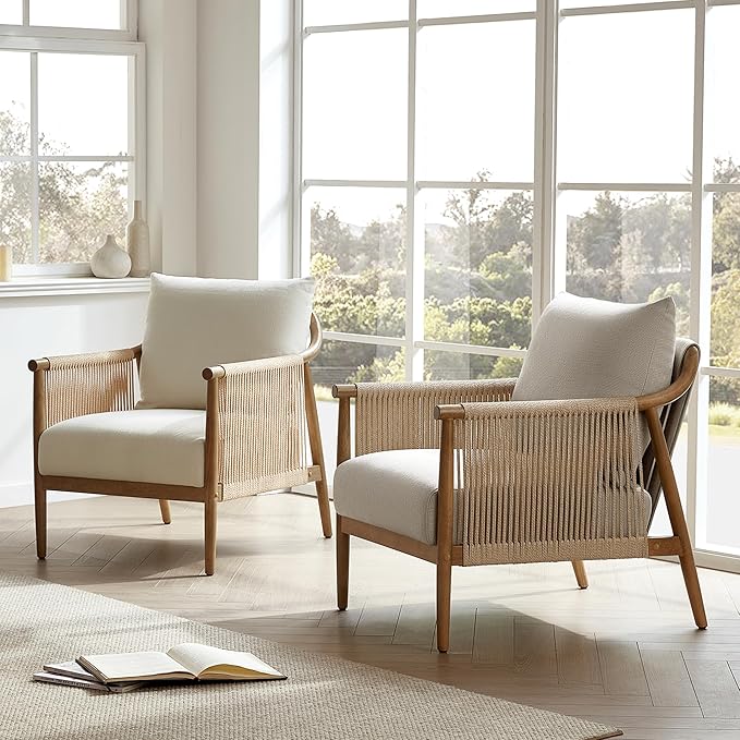 CHITA Braid Accent Chair, Modern Armchair with Solid Wooden Armrest for Living Room and Bedroom, Boho Reading Chair, Cream