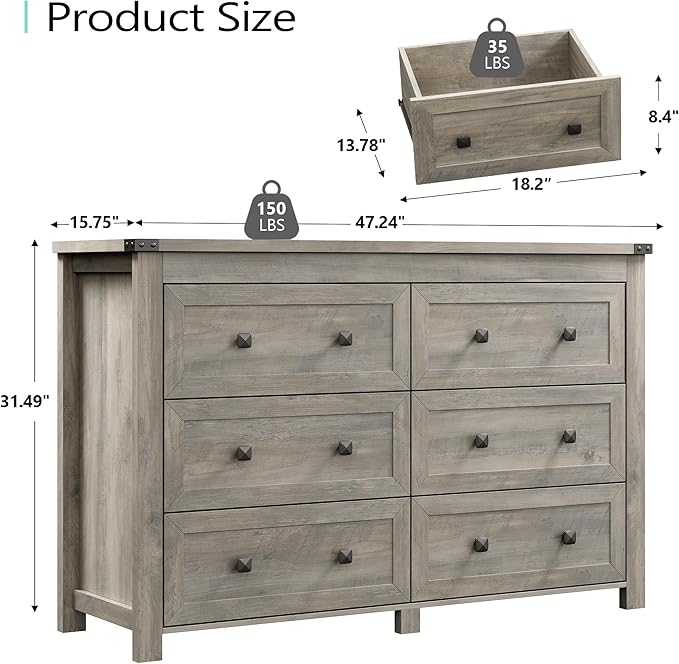 Dresser for Bedroom with 6 Drawers, Farmhouse Wood Chest of Drawers, Wide TV Stand Closet Storage Furniture with Metal Handle, Modern Clothes Organizer for Hallway, Living Room, Entryway, Light Grey