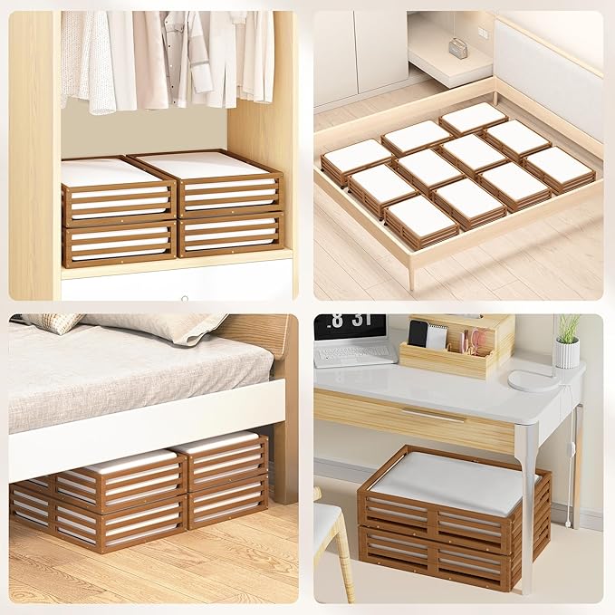 Wisuce Bamboo Under Bed Storage Containers- Underbed Organizer with Wheels with Large Dust Bag,Sturdy Wood Rolling Under the Bed Shoe Storage Organizer Drawer 2 Packs (Walnut, Small)