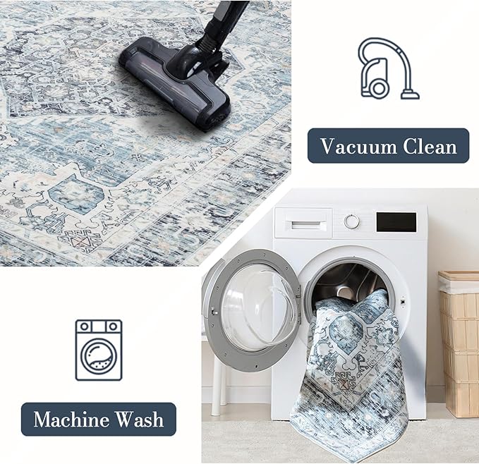 Runner Rug 2×6, Vintage Boho Rug,Ultra-Soft Low Pile, Washable, Non Slip,Stain Resistant Printed Carpet for Hallway Kitchen Living Room Bedrooms Playroom Office, Light Blue