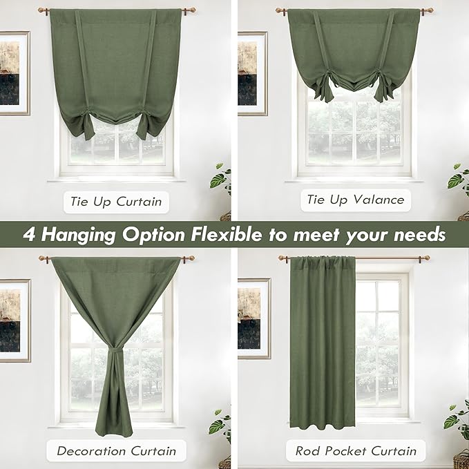 DriftAway Double Layer Linen Blackout Tie Up Curtains Thermal Insulated Fully Lined Balloon Roman Shade Bathroom Window Adjustable Rod Pocket for Small Window 31 Inch by 47 Inch Olive Green