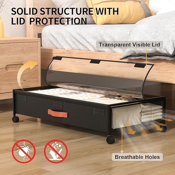Under Bed Storage with Wheels, XXL Larger Under Bed Storage Containers with Clear Lids, 31'' Lengthen Under Bed Shoe Organizer for Shoes Clothes(Black 2 Pack, XXL(31"x16.6"x7.48"))