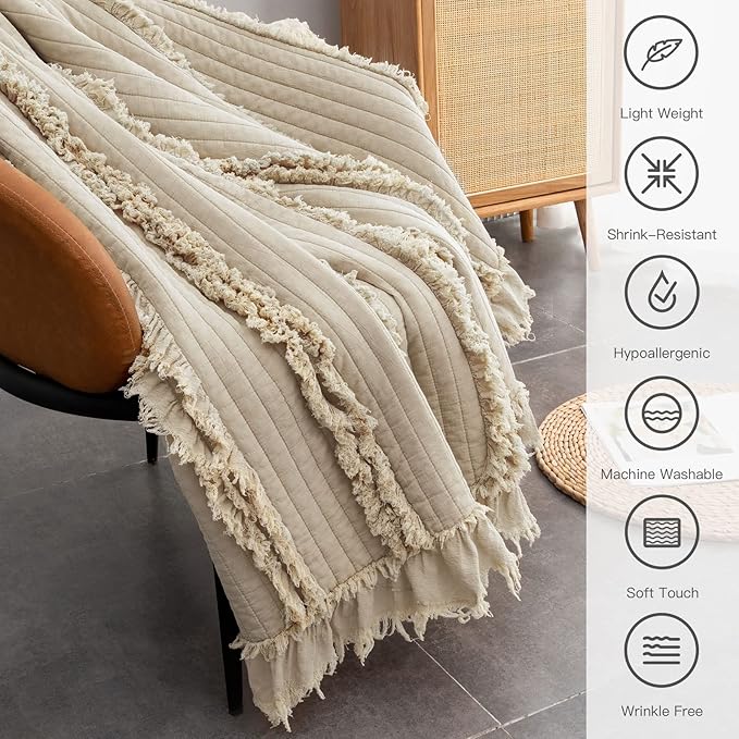 Ultra Soft Pre-Washed Quilted Boho Throw Blanket, Ruffle Fringed Beige Decorative Throw, Stone Washed Chic Rustic Blanket for Sofa Couch Bed Chair, 50"x 60"