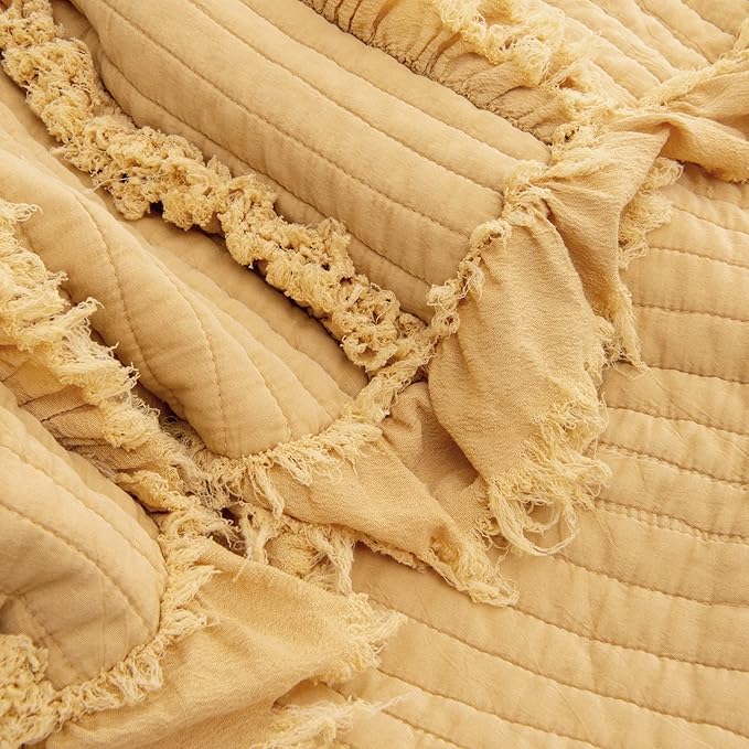 Ultra Soft Pre-Washed Quilted Boho Yellow Twin Size Blankets for Bed, Ruffle Fringed Decorative Throw, Stone Washed Chic Rustic Blanket for Sofa Couch Bed, 60"*80"