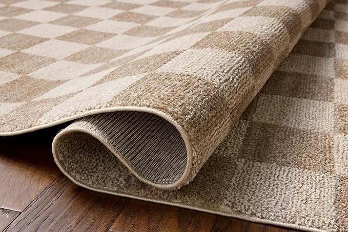 Loloi Chris Loves Julia Calvin Collection CLV-01 Pebble/Ivory 2'-7" x 10'-0" Runner Rug Checkered Neutral Soft Living Room Bedroom Carpet