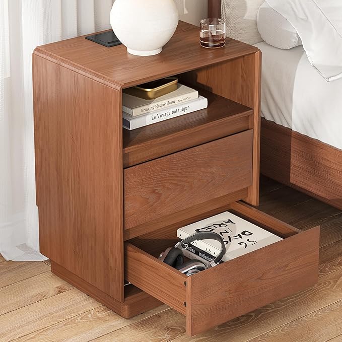 Solid Wood Nightstand Set of 2, Natural Wood Night Stand with Charging Station, Mid Century Modern Nightstand with 2 Drawers and Storage Shelf, Bedside Table for Bedroom, Office, Brown