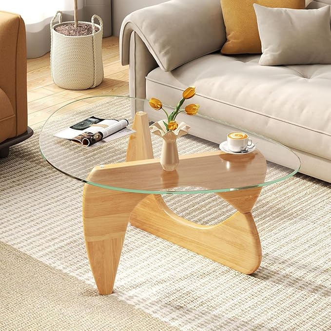 Modern Glass Coffee Table for Living Room, Mid Century Coffee Table, Small Coffee Tables, Suitable for Bedroom Living Room Reception Office Tables (Wood/Transparent, Medium)