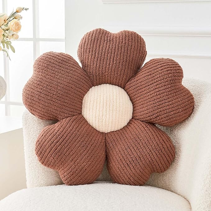 Kcvvcr Flower Throw Pillow, Cute Flower Shaped Pillow Decorative Throw Pillow for Bed Couch, Soft Daisy Pillows Floor Seating Cushion Cushions (14.9 Inch Brown)
