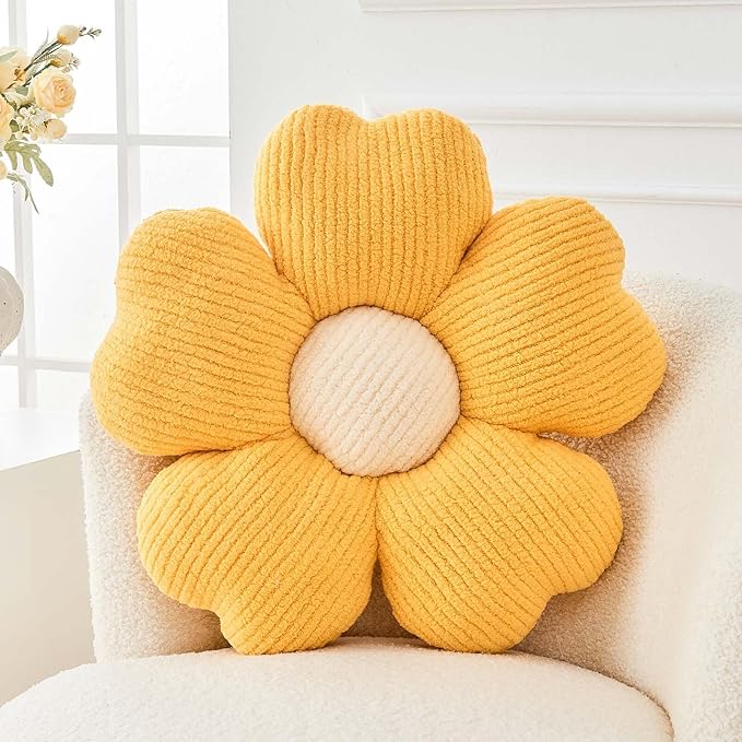Kcvvcr Flower Throw Pillow, Cute Flower Shaped Pillow Decorative Throw Pillow for Bed Couch, Soft Daisy Pillows Floor Seating Cushion Cushions (14.9 Inch Yellow)