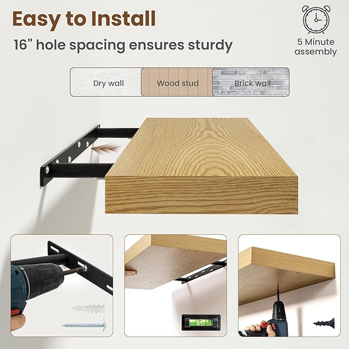 36 Inch Floating Shelves for Wall, 8 Inch Deep Floating Shelf for Storage & Display, Rustic Wall Mounted Shelf with Invisible Brackets for Living Room, Kitchen, Bathroom, Home Decor, Set of 2, Oak