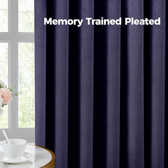 Pinch Pleated 100% Blackout Curtains for Bedroom, Navy Blue Velvet Curtains for Living Room, Black Out Curtain 90 inch Long Room Darkening, Blackout Pinch Pleat Drapes with Hooks 2 Panels