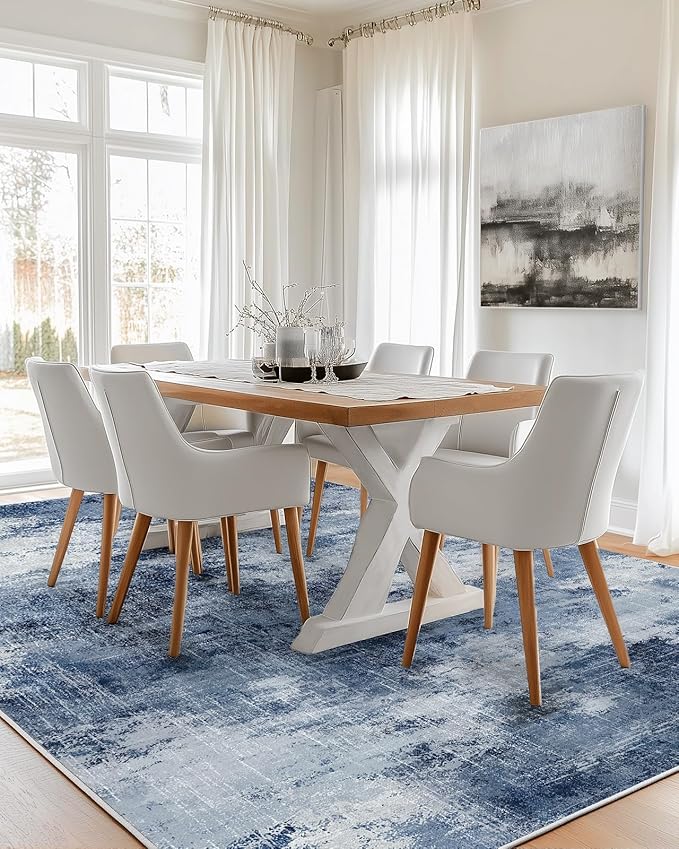 6x9 Area Rugs for Living Room, Modern Abstract Washable Rug with Non-Slip Backing & Low Pile Indoor Carpet for Nursery Room, Bedroom and Dinning Room, Dark Blue