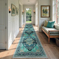 Area Rugs 3'x12' Washable Non-Slip, Floral Vintage Distress Print Pattern Medallion Carpet for Living Room Bedroom Dining Room, Teal Green Lake Blue Turquoise