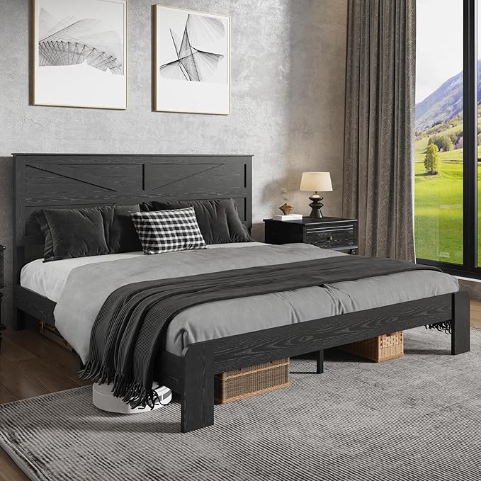 King Size Bed Frame with Farmhouse Headboard, Rustic Boho Wooden Bedframe with LED Lights and Charging Station, Easy Assembly, No Box Spring Needed (Black, King)
