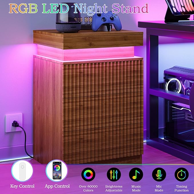 Nightstands Set of 2 with Charging Station & LED Lights, Modern Small Fluted Bedside & End Tables with 3 Drawers, Sliding Top & Hidden Storage, Wooden Farmhouse Night Stand for Bedroom Office,Walnut