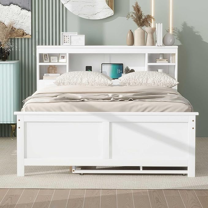 Platform Bed with Storage Headboard, USB, Twin Size Trundle and 3 Drawers, Full Size, White Color