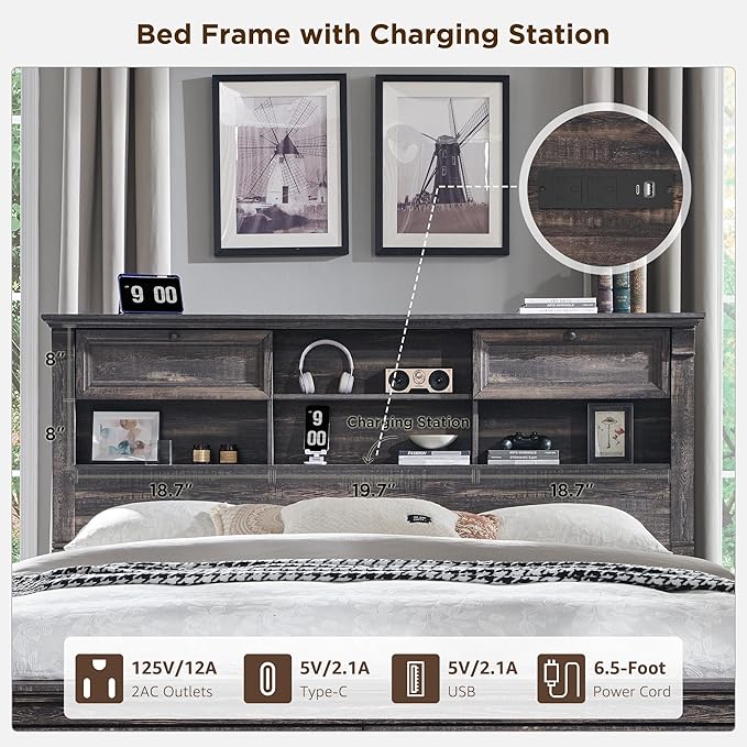 Farmhouse Queen Size Bed Frame with 54" Tall Headboard, Headboard with 4 Storage Rack, 2 Drawers, 18" Roman Column Decoration Footboard, Wood Platform Bed Frame, No Box Spring Needed(Dark Rustic Oak)