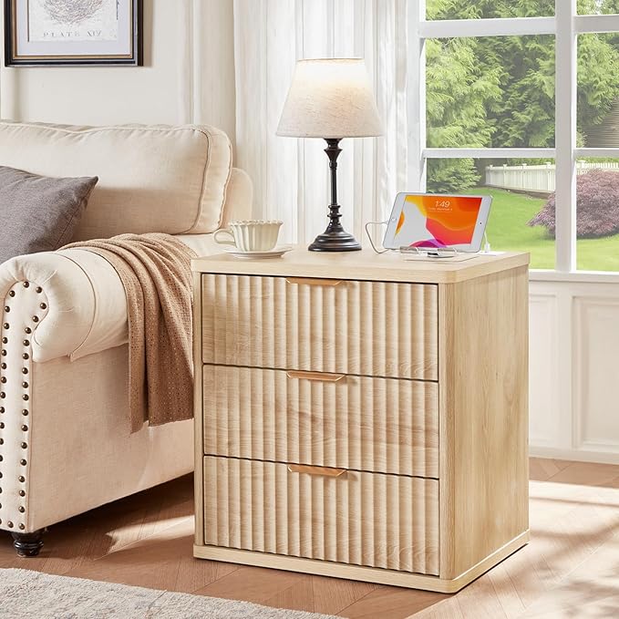 LEYAOYAO 48" Wide Fluted Dresser and 3 Drawers 23" Nightstand Set of 2, Wooden Dresser & Night Stand with Charging Station, 3 Piece Bedroom Furniture Set, Chest of Drawer for Living Room,Natural Wood