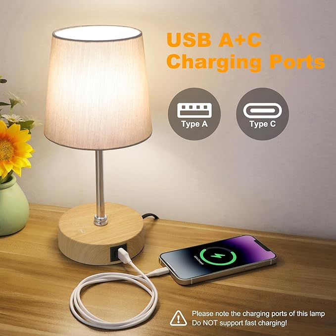 Ascher Small Bedside Table lamp Set of 2, RGB Color Changing Lamps, 3 Color Temperatures, Stepless Dimmable, Nightstand Lamp with USB C+A Ports for Bedroom Living Room, (Grey Shade, Wood Grain Base)