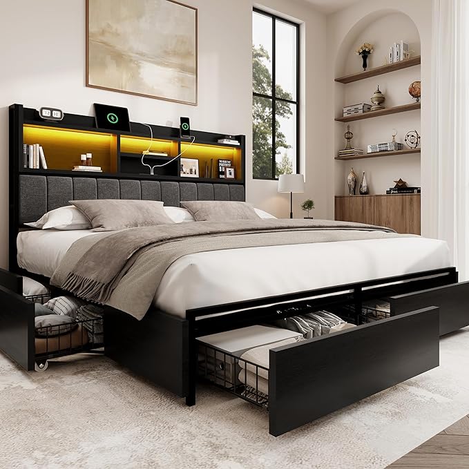 King Bed Frame with 6 Storage Drawers, Linen Upholstered Headboard, Built-in USB Charging Station & LED Lighting, Silent Metal Support, No Box Spring Needed, Vintage Black