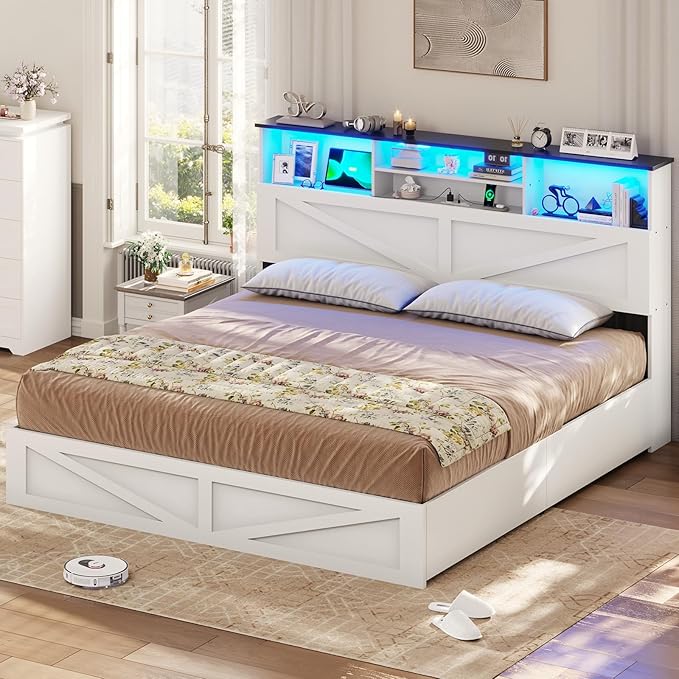 VIAGDO Farmhouse Bed Frame King Size with Bookcase Storage Headboard, Charging Station and LED Lights, Wooden King Bed Frame with 4 Drawers, Barn Door Design, No Box Spring Needed, No Noise, White