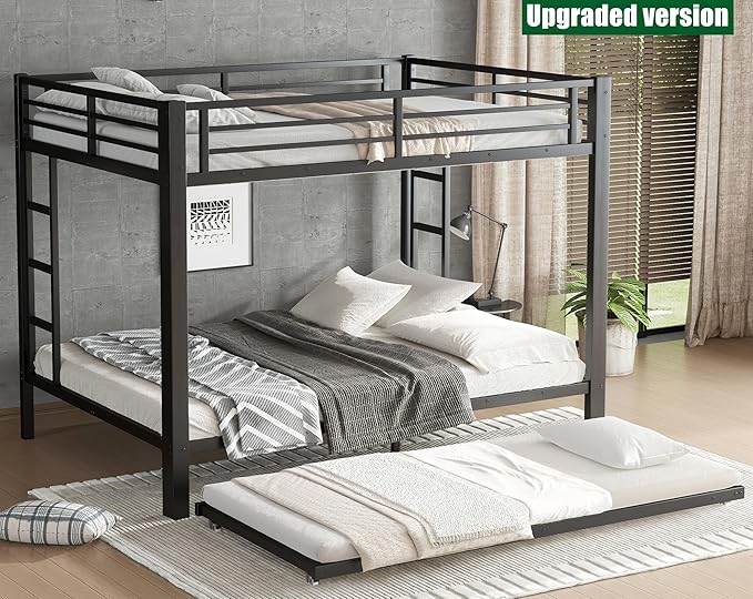 SIGONE Stronger & Safer Heavy Duty Queen Over Queen Size Bunk Bed for Adults Teens, Thickened More Stable Metal Bunkbed Frame (Greater Weight Capacity) (Queen Over Queen Bunk Bed with Trundle)