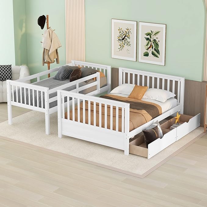 Merax Wood Bunk Bed with Drawers,Convertible Wood Bunk Bed with Ladders and Two Storage Drawers,Solid Wood Detachable Bed Frame with Ladders,Twin Over Full Size,White