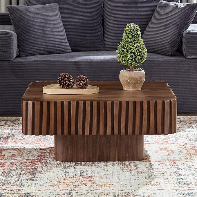 LKTART Square Coffee Table for Living Room, Accent Fluted Coffee Table with Storage, Modern Solid Wood Veneered Large Center Tea Table for Small Space Apartment (31.5''D×14''H-Walnut)