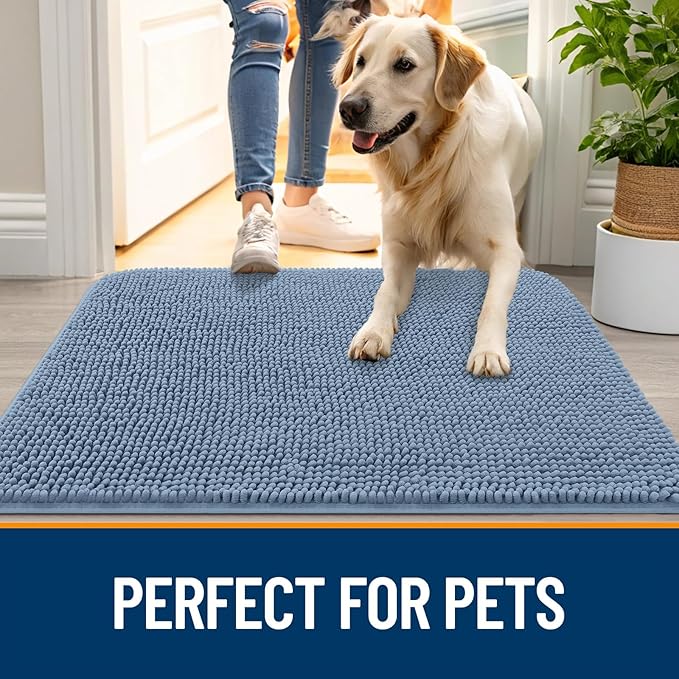 OLANLY Dog Door Mat for Muddy Paws 47x32, Absorbs Moisture and Dirt, Absorbent Non-Slip Washable Doormat, Quick Dry Chenille Mud Mat for Dogs, Entry Indoor Entryway Carpet for Inside Floor, Airy Blue