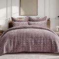 RECYCO Luxury Velvet Quilt Set Full Queen Size Bedding Sets, Ultra Soft Velvet Comforter Set, Lightweight Channel Box Stitch Oversized Bedspread Coverlet for All Season, with 2 Shams, Purple